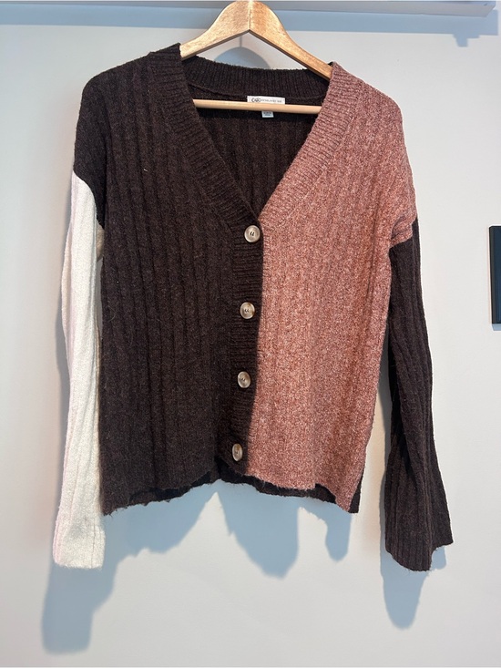 Cato Sweaters - Colorblock V-Neck Button Cardigan Sweater - Brown, Orange, Cream